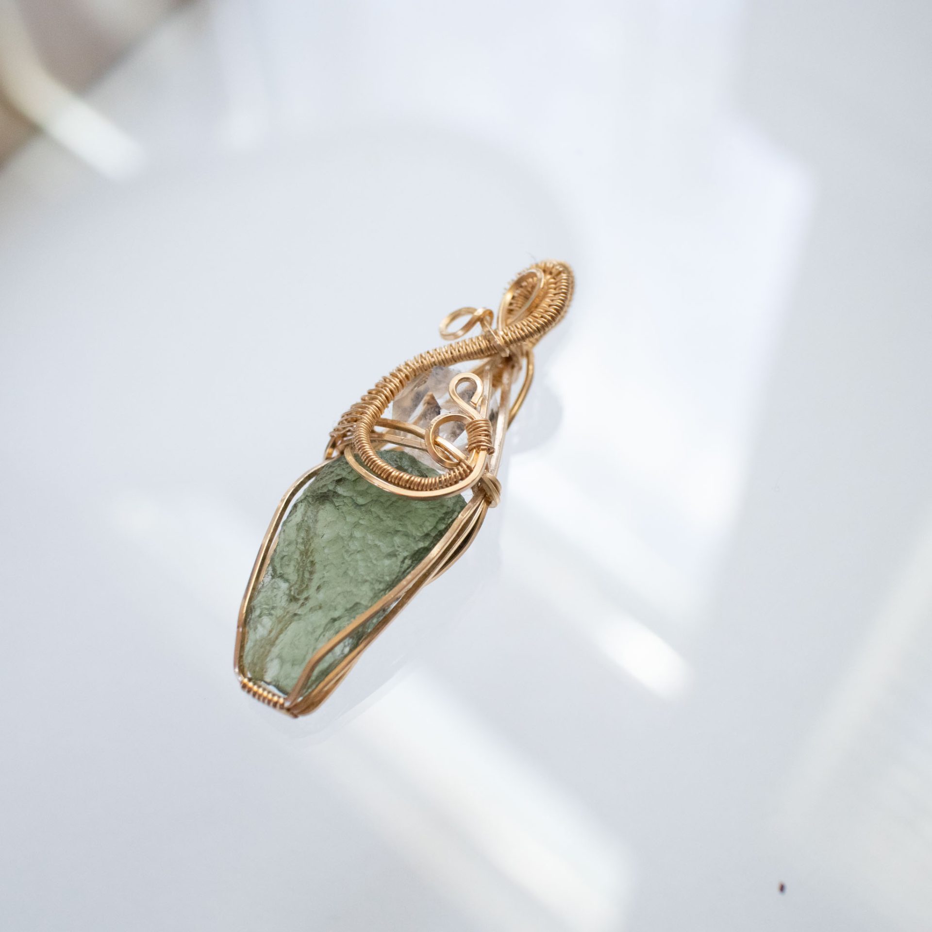 Moldavite with Herkimer diamond necklace wire wrapped in Gold 14k filled - Image 5