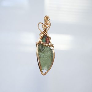 Moldavite with Mexican Fire Opal Gold necklace