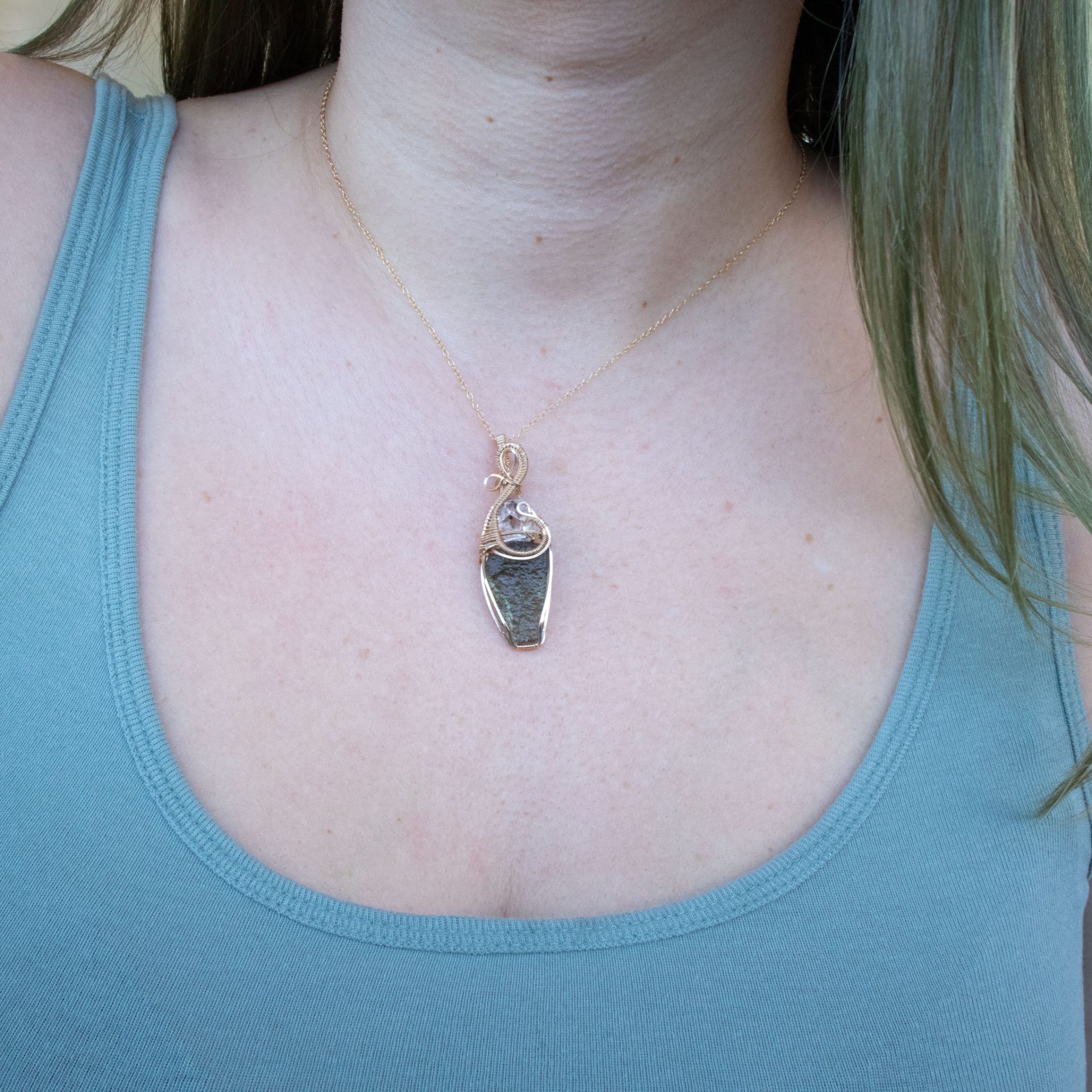 Moldavite with Herkimer diamond necklace wire wrapped in Gold 14k filled - Image 7