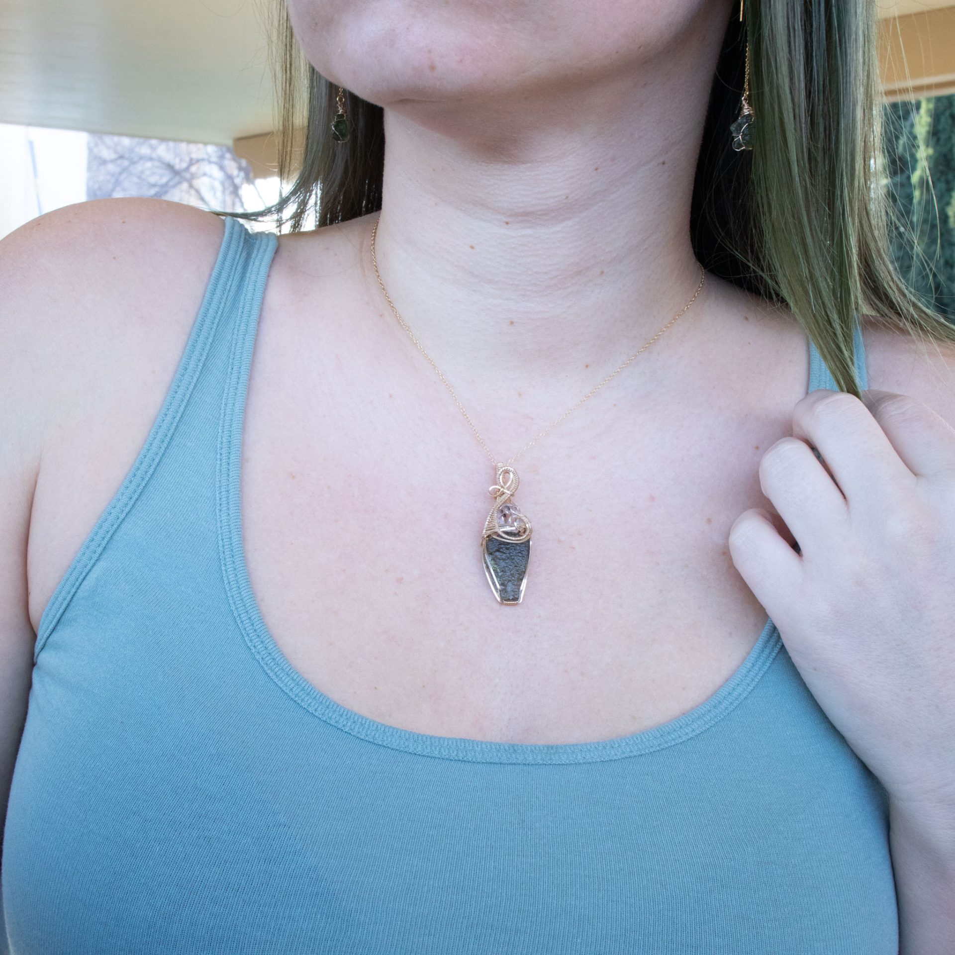 Moldavite with Herkimer diamond necklace wire wrapped in Gold 14k filled - Image 2