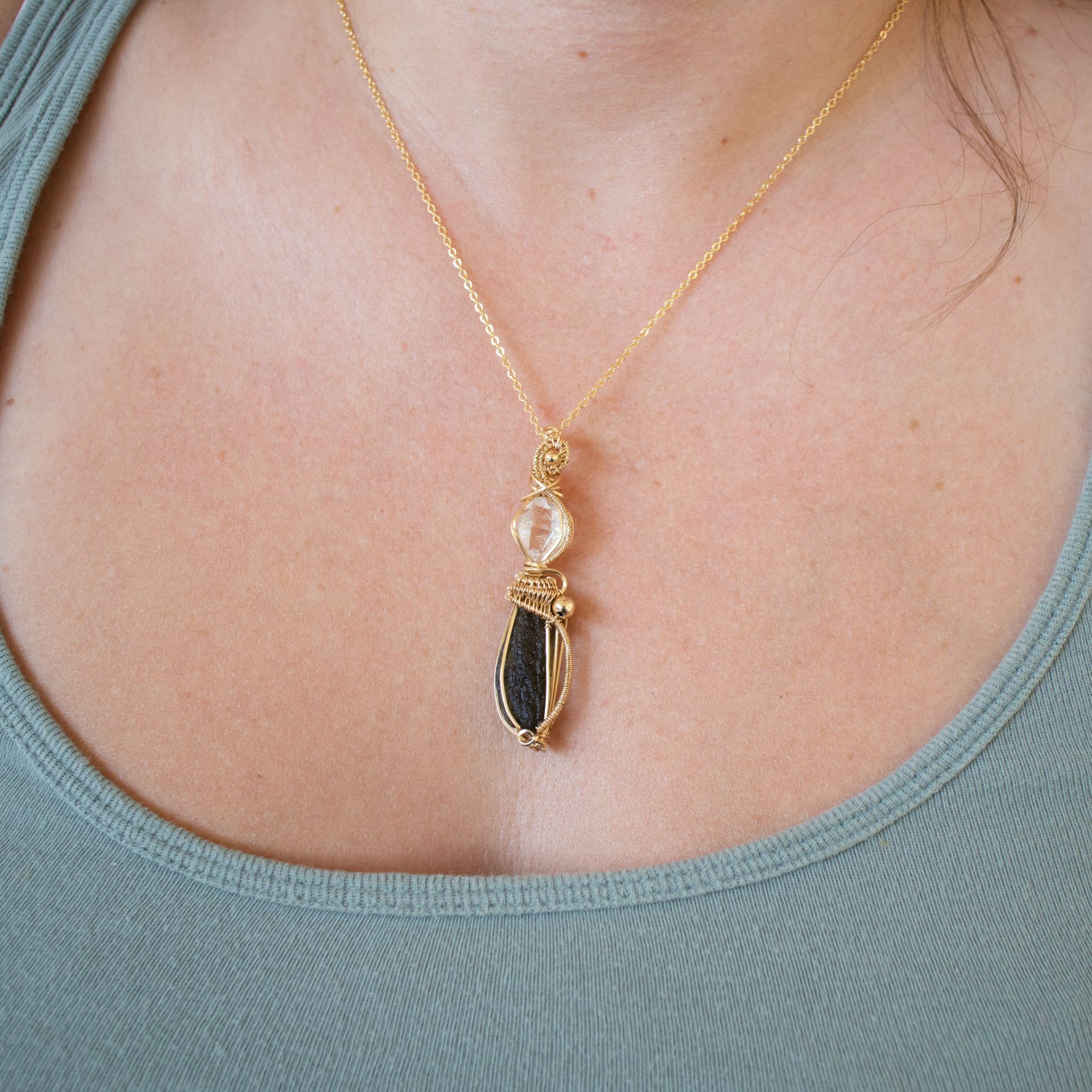 Moldavite with Herkimer diamond Pendant in Gold - Image 6