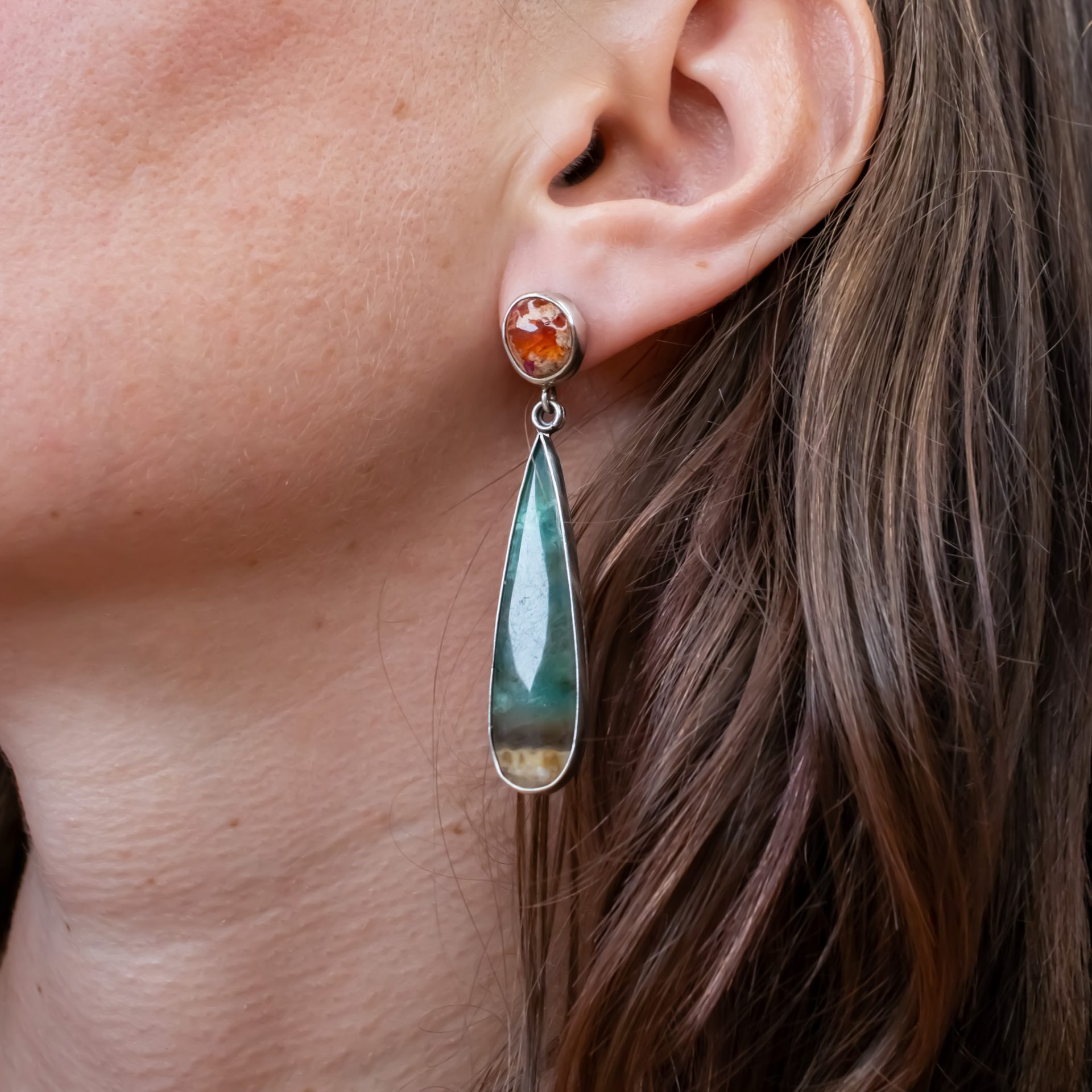 Fire Opal with Opalized Wood earrings