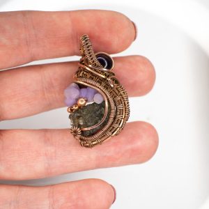 Moldavite with Grape Agate and Amethyst copper pendant