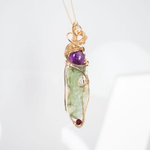 Moldavite with Amethyst and Garnet bead Gold pendant
