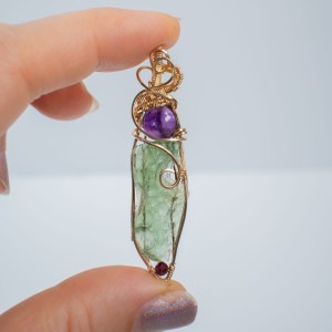 Moldavite with Amethyst and Garnet bead Gold pendant