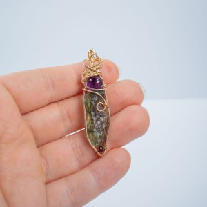 Moldavite with Amethyst and Garnet bead Gold pendant