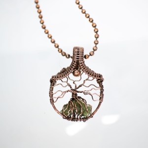 Moldavite tree of life copper pendant
