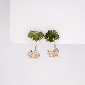 Moldavite Herkimer Ear Jacket Gold-filled or Silver earrings