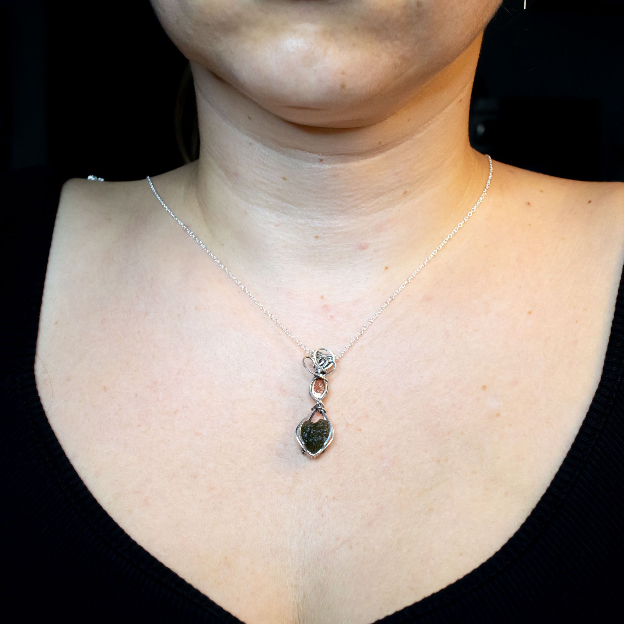 Heart Shape Moldavite with Sunstone Silver Necklace - Image 2