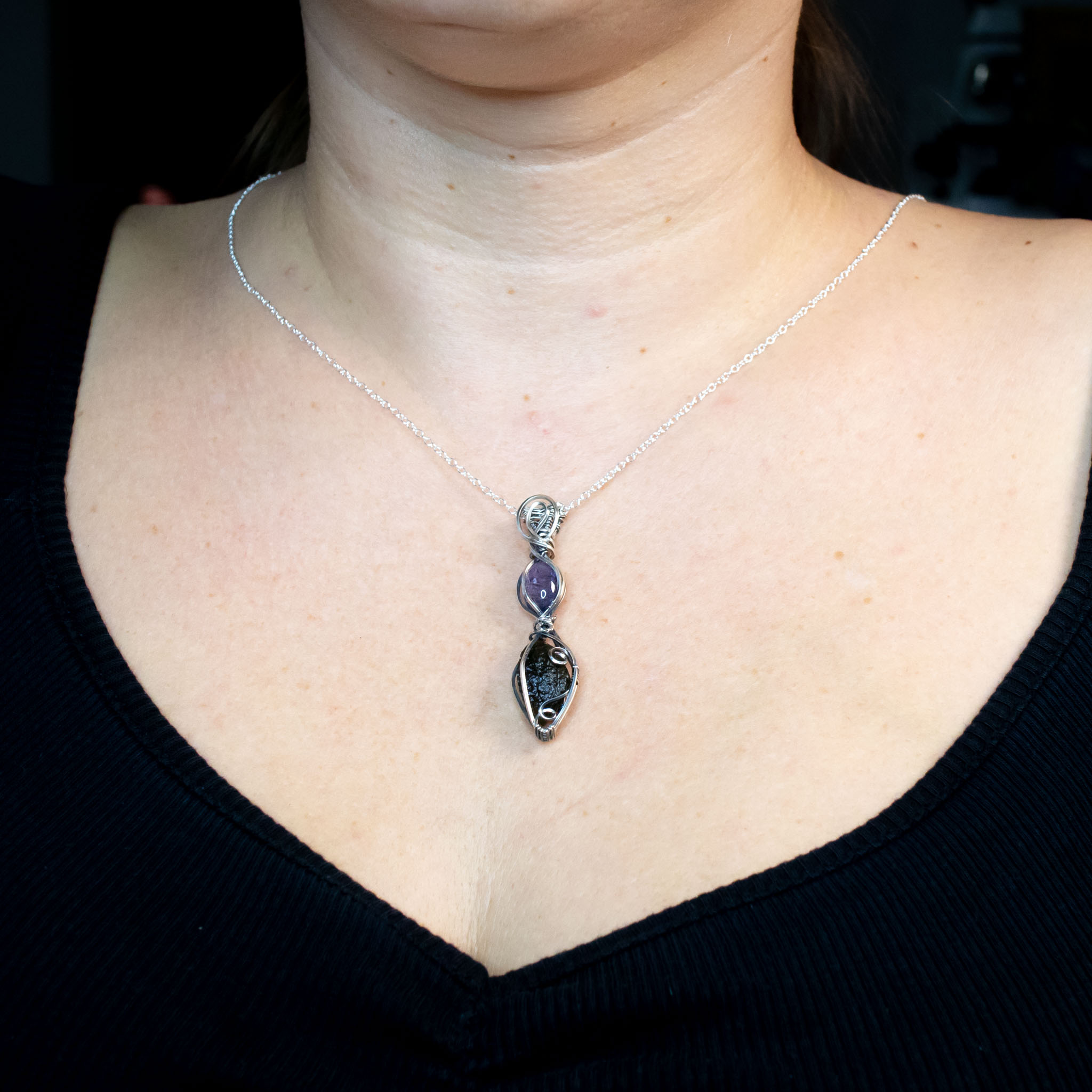 Moldavite with Tanzanite Silver Necklace - Image 2