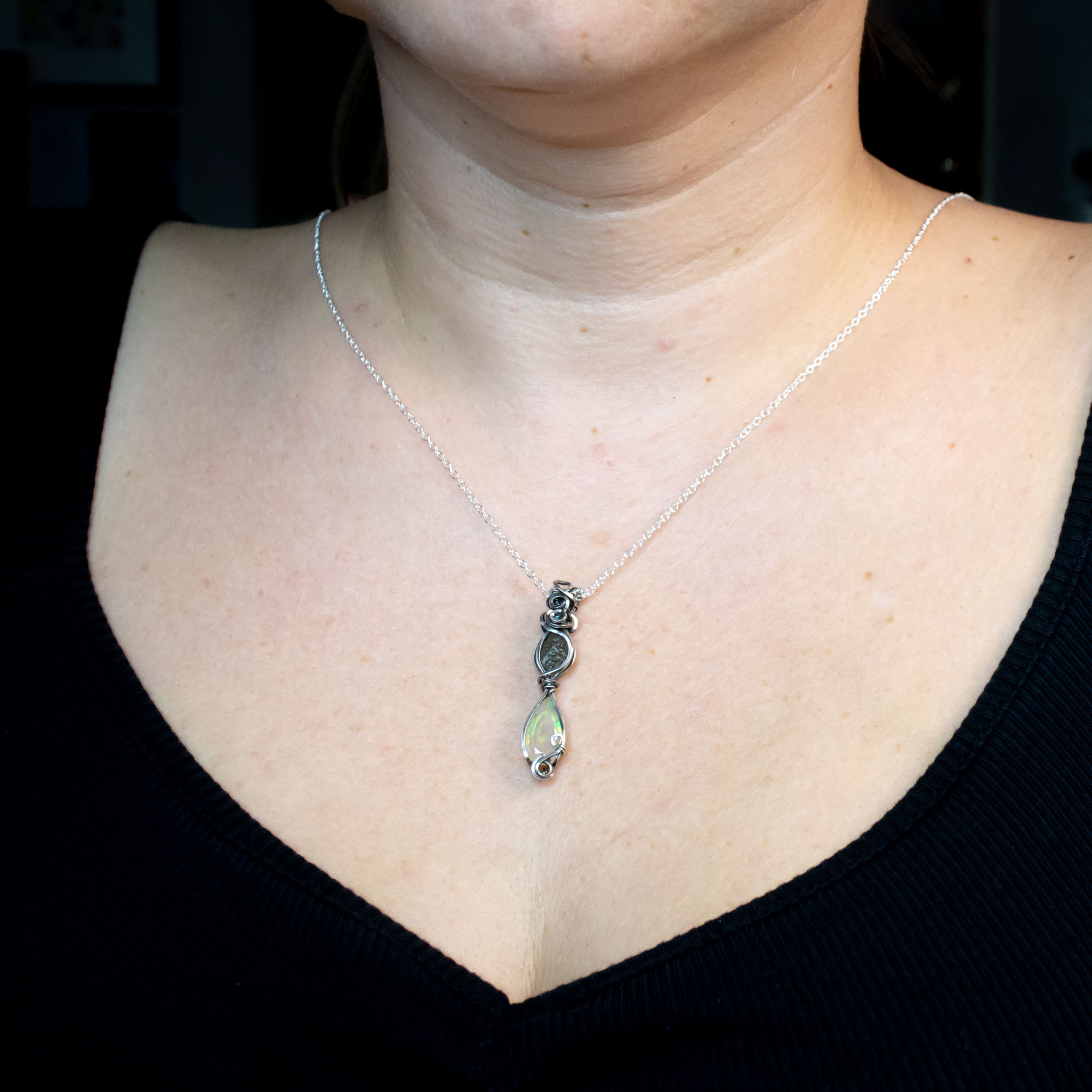 Moldavite with Fire Opal Silver Pendant - Image 2