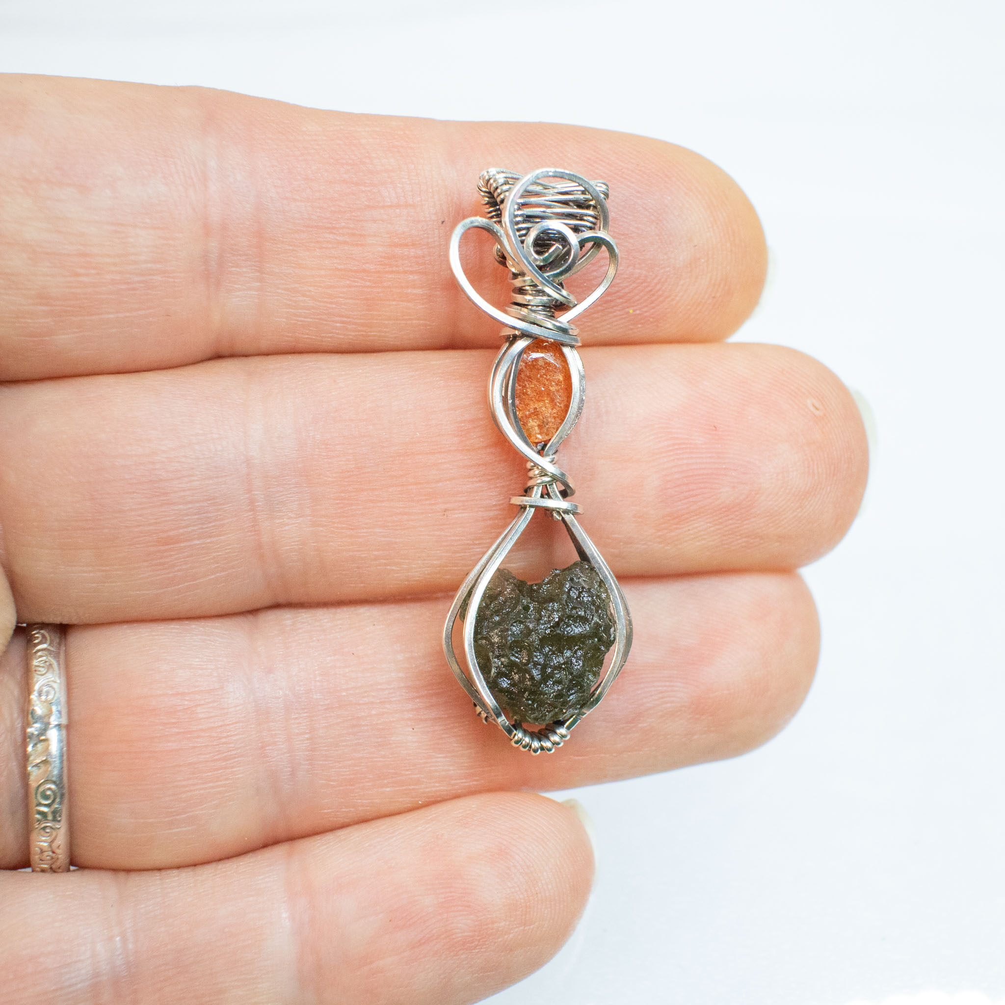Heart Shape Moldavite with Sunstone Silver Necklace - Image 4