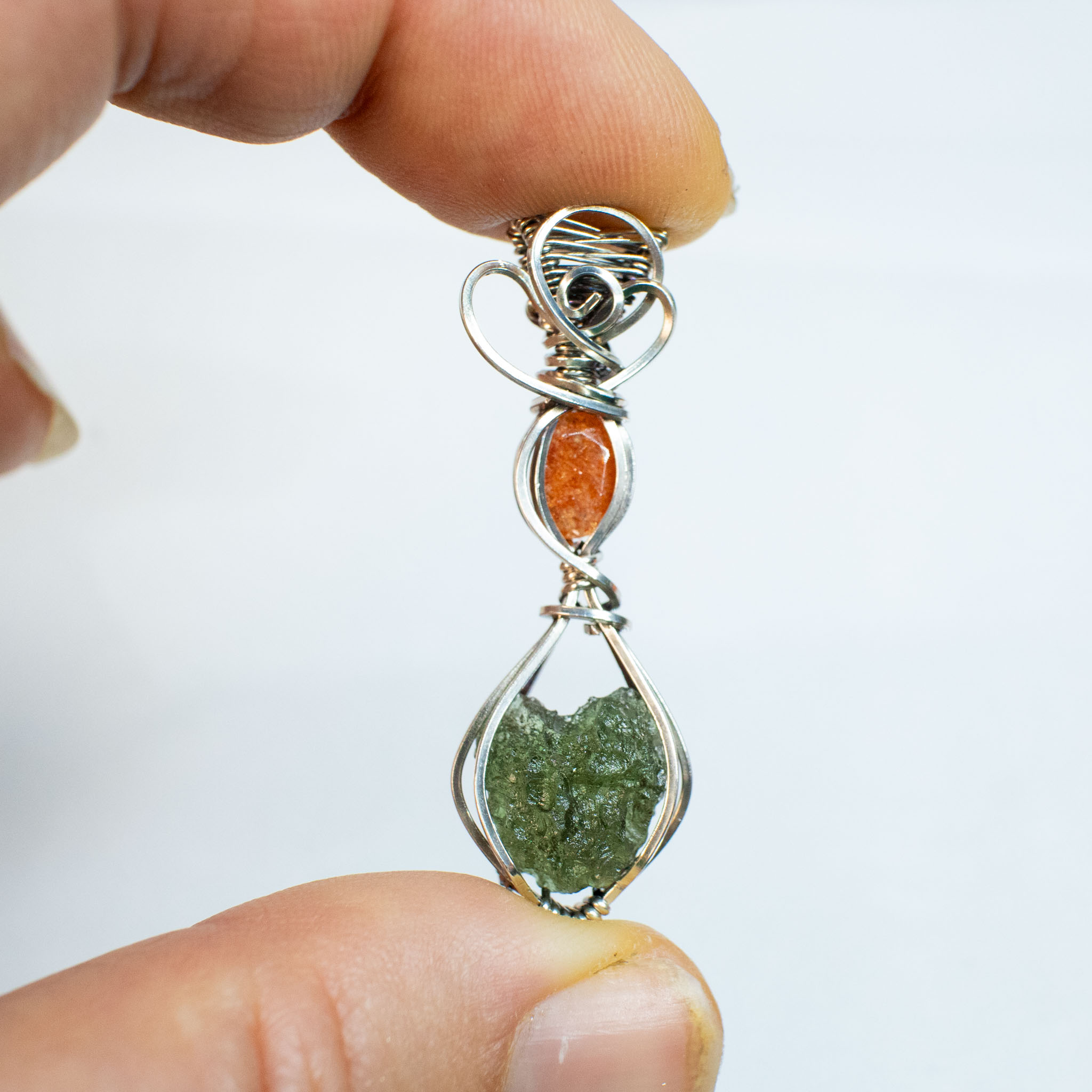 Heart Shape Moldavite with Sunstone Silver Necklace - Image 6