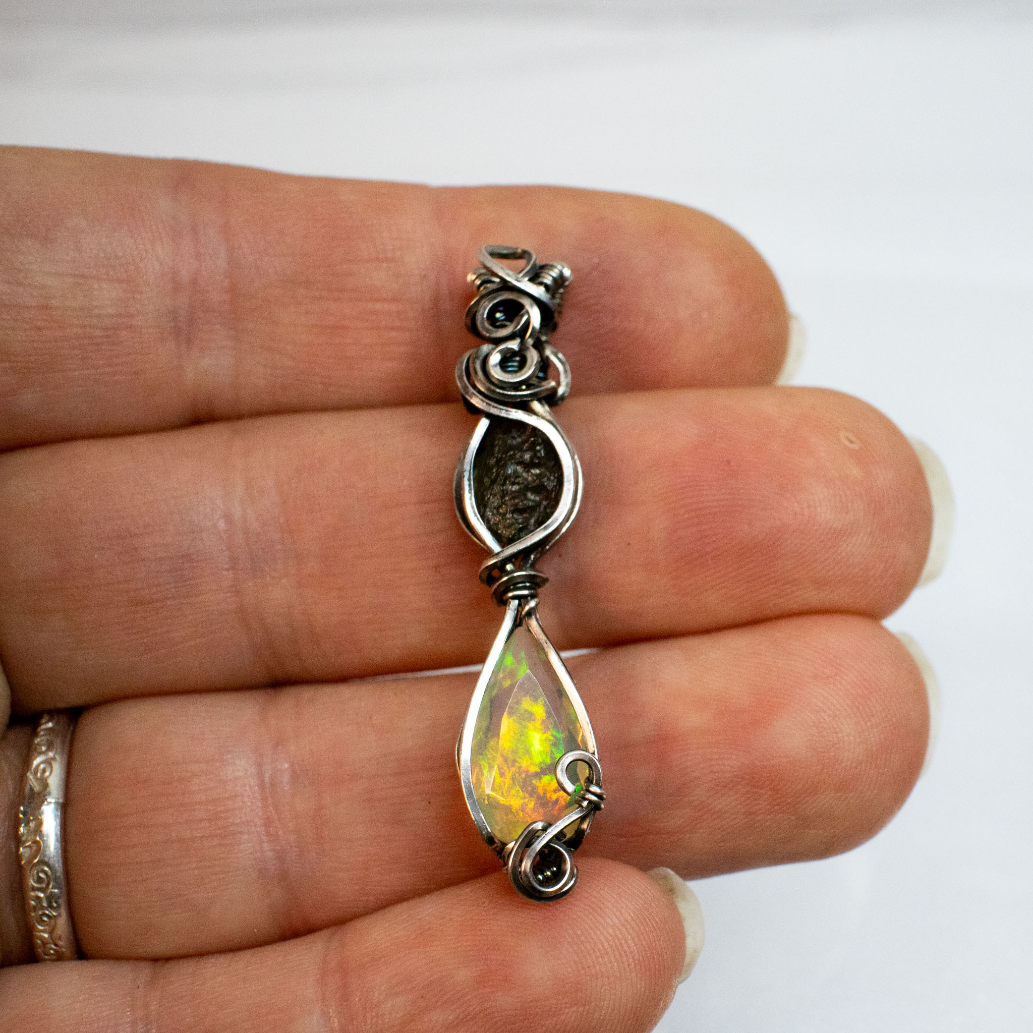 Moldavite with Fire Opal Silver Pendant - Image 11