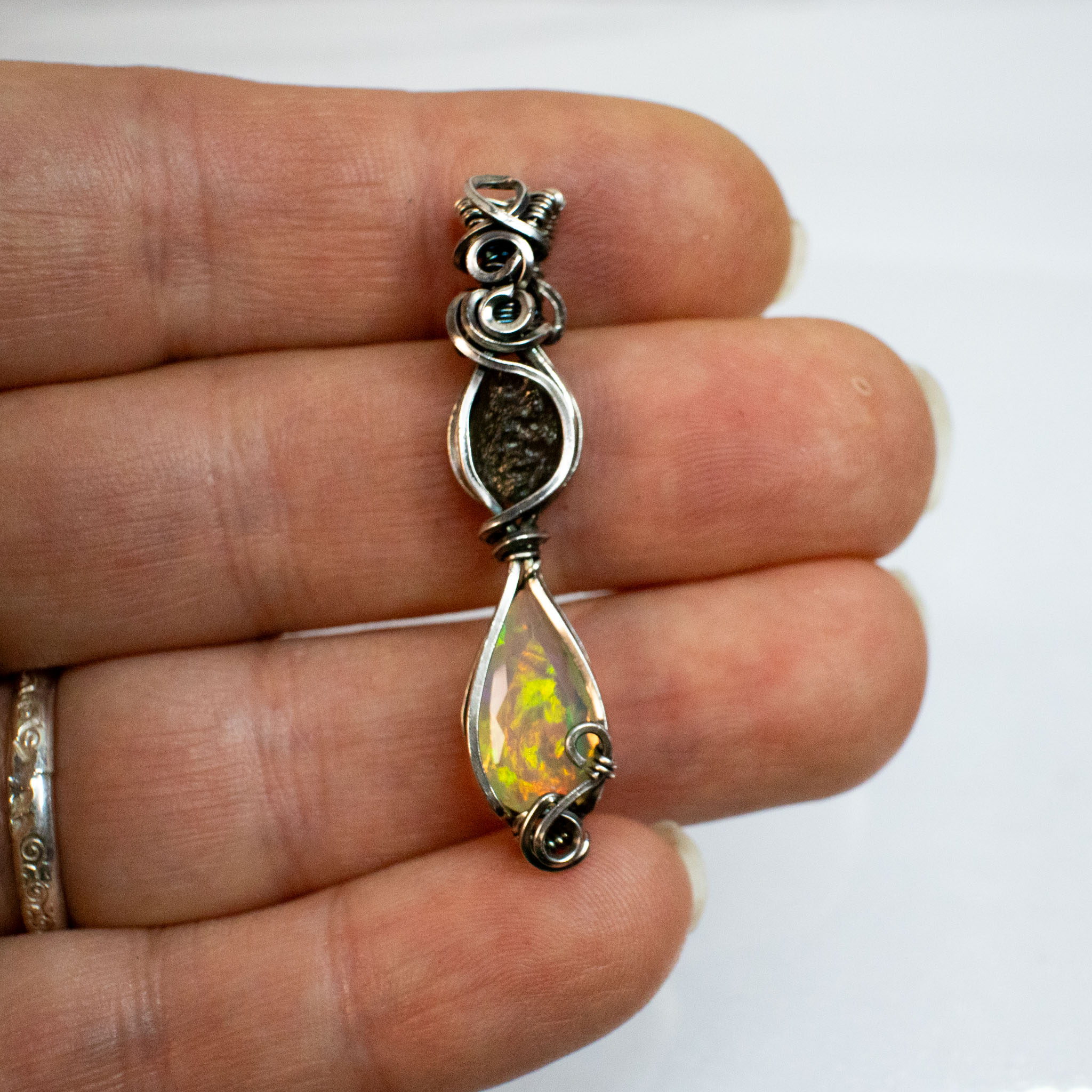 Moldavite with Fire Opal Silver Pendant - Image 10
