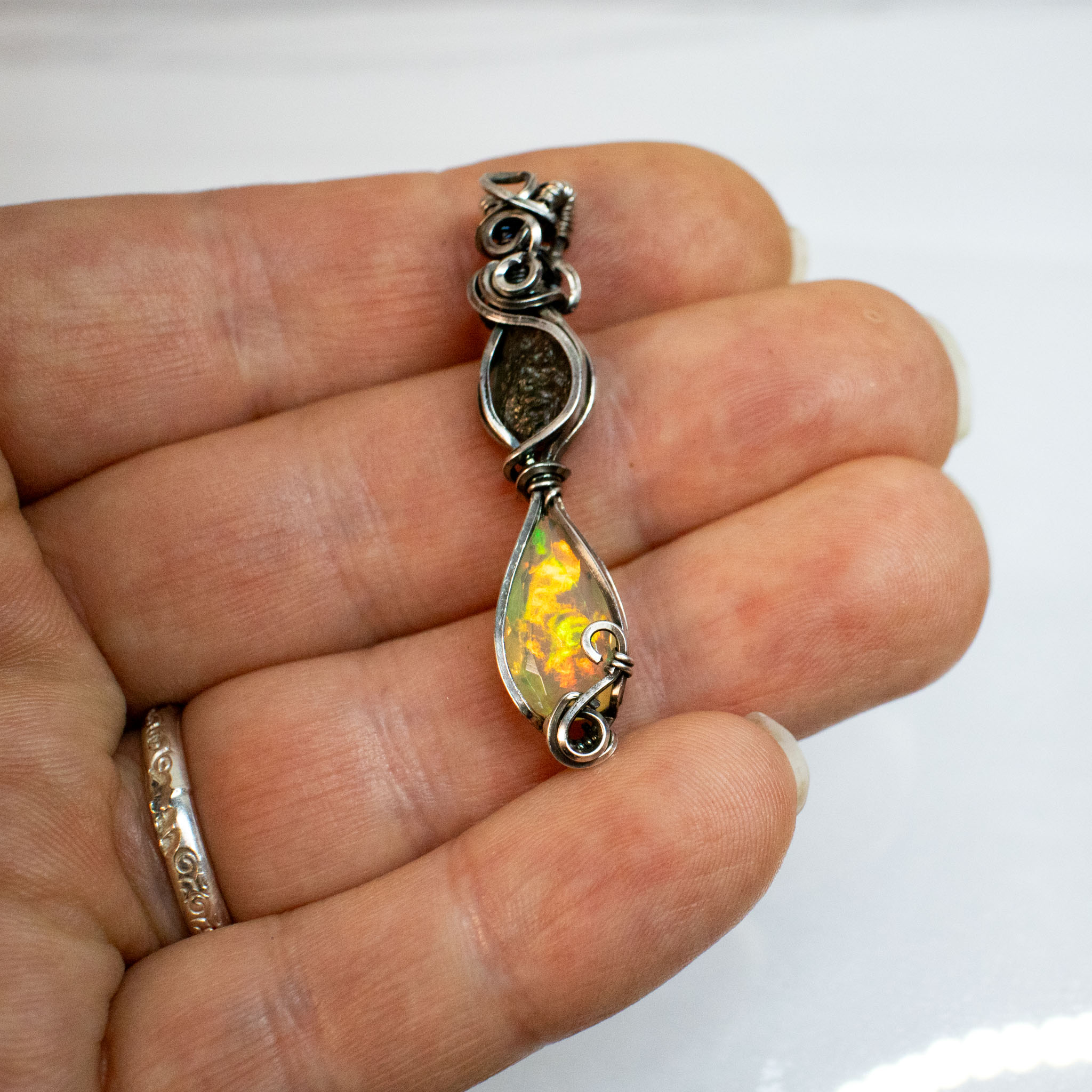 Moldavite with Fire Opal Silver Pendant - Image 8