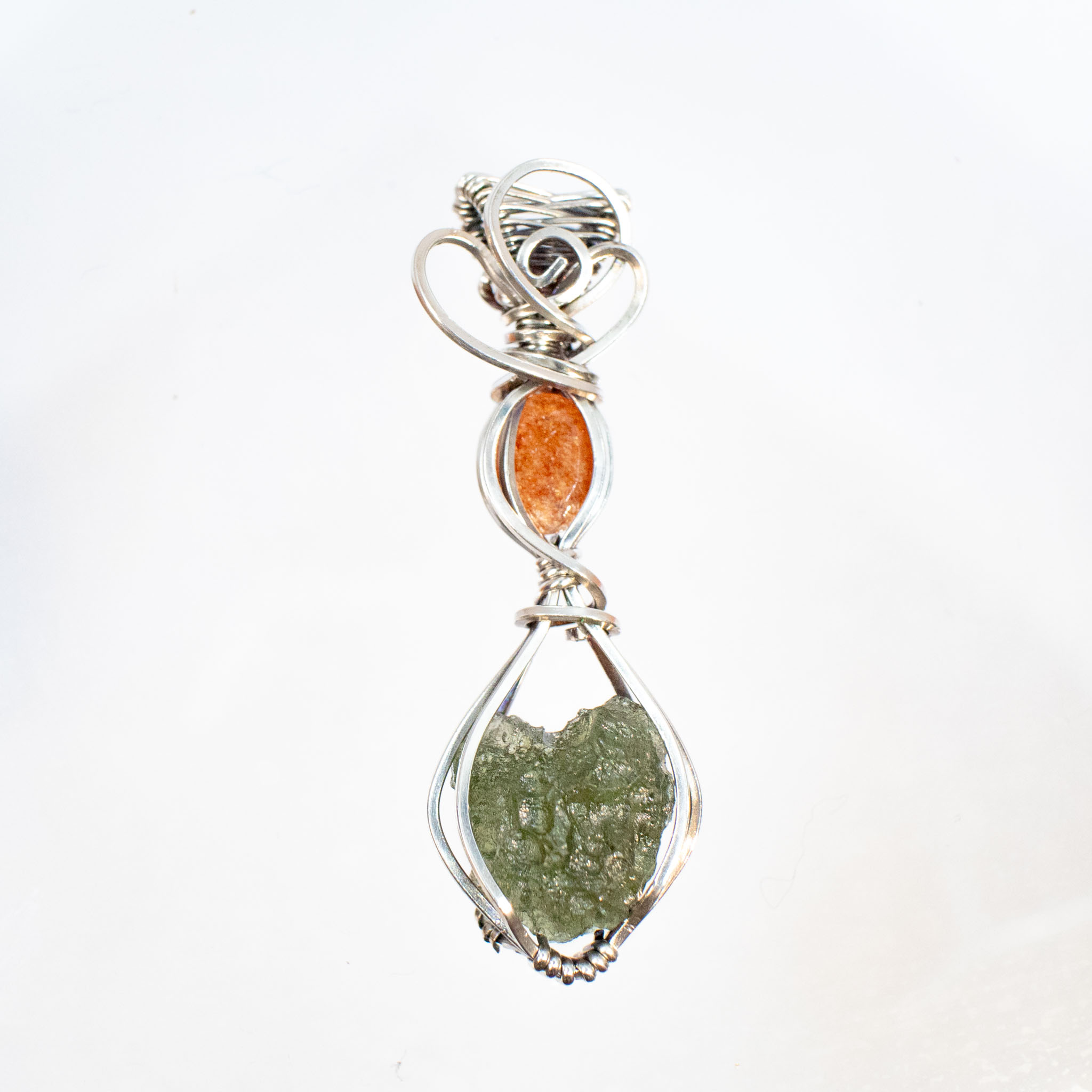Heart Shape Moldavite with Sunstone Silver Necklace