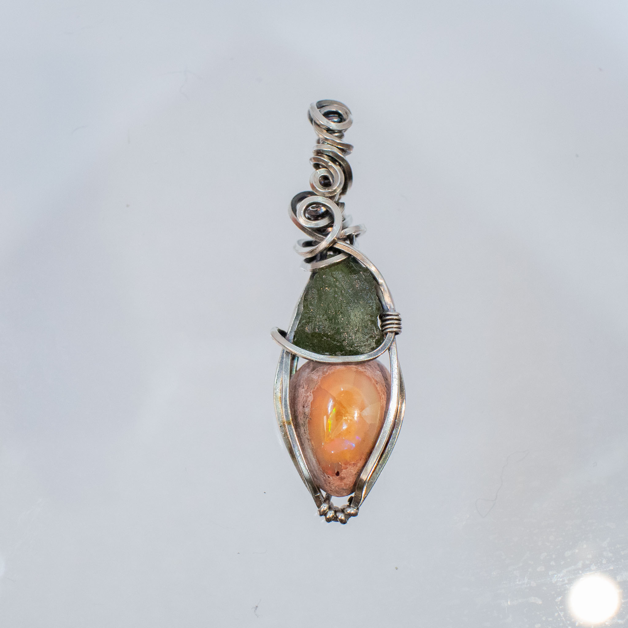 Moldavite with Mexican Fire Opal Silver Pendant - Image 3