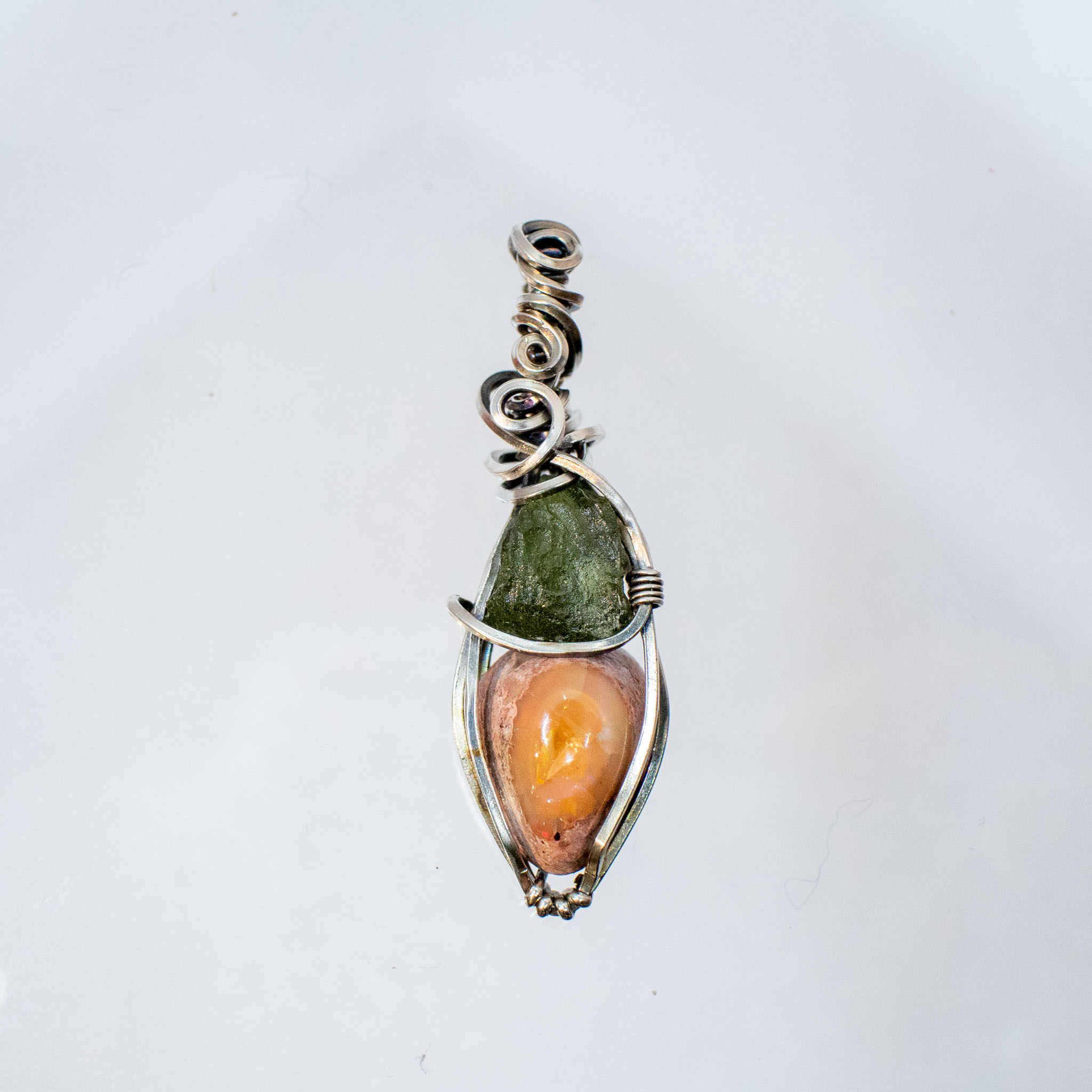 Moldavite with Mexican Fire Opal Silver Pendant