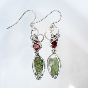 Moldavite Silver Earrings with Quartz