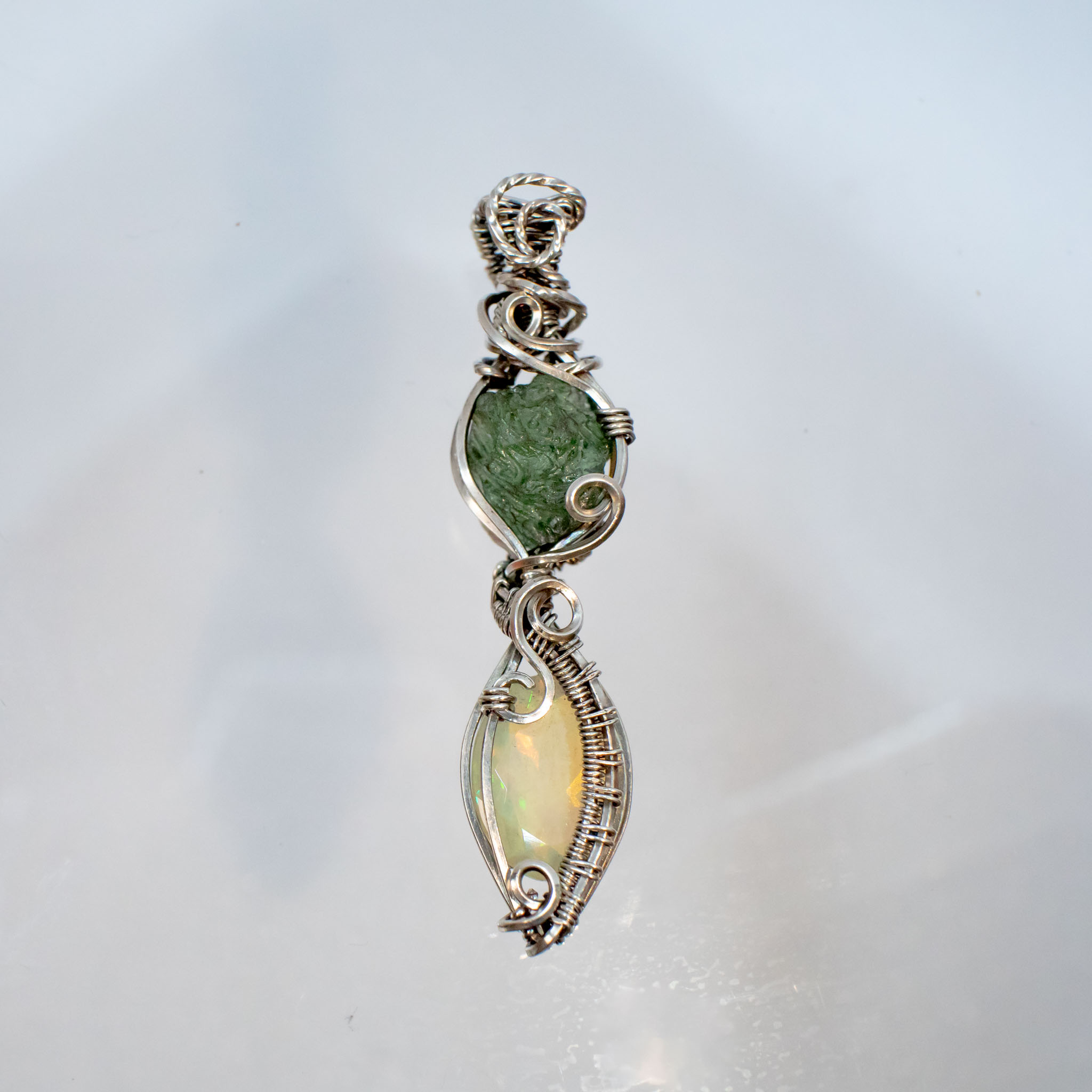 Moldavite Silver Necklace with Fire Opal - Image 5