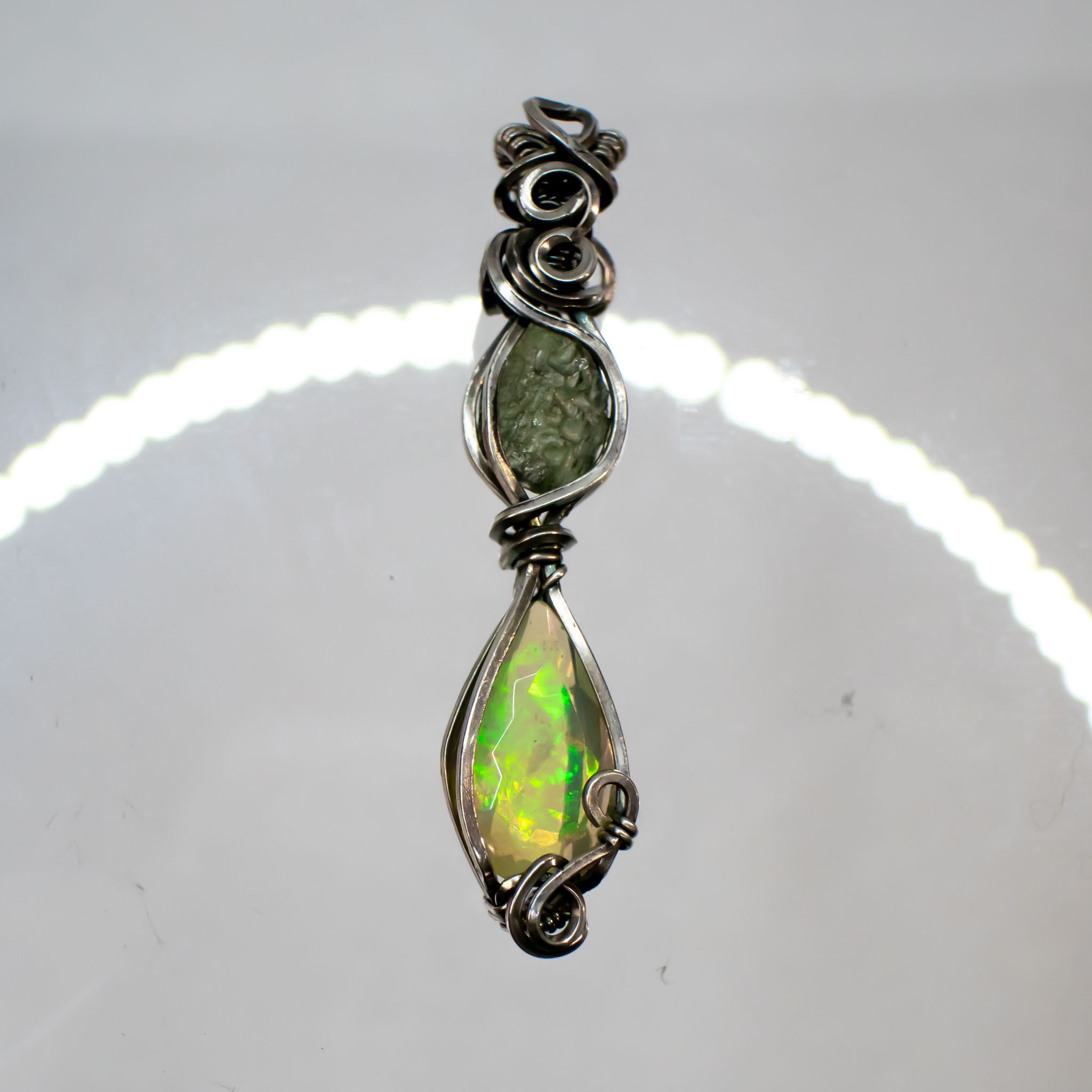 Moldavite with Fire Opal Silver Pendant