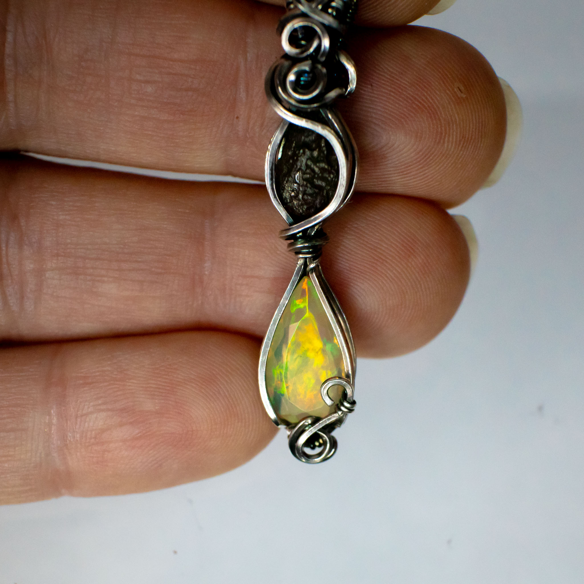 Moldavite with Fire Opal Silver Pendant - Image 5