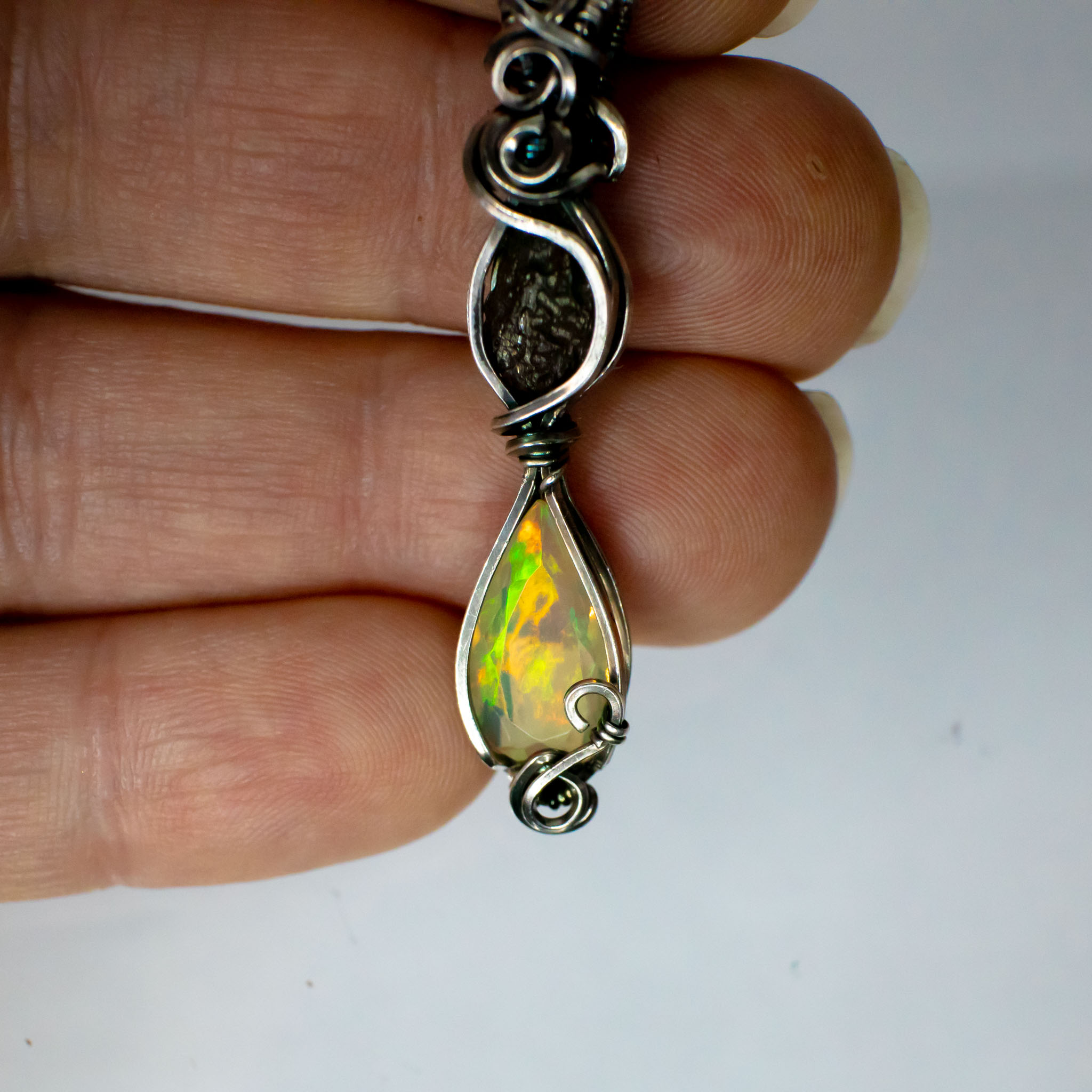 Moldavite with Fire Opal Silver Pendant - Image 4
