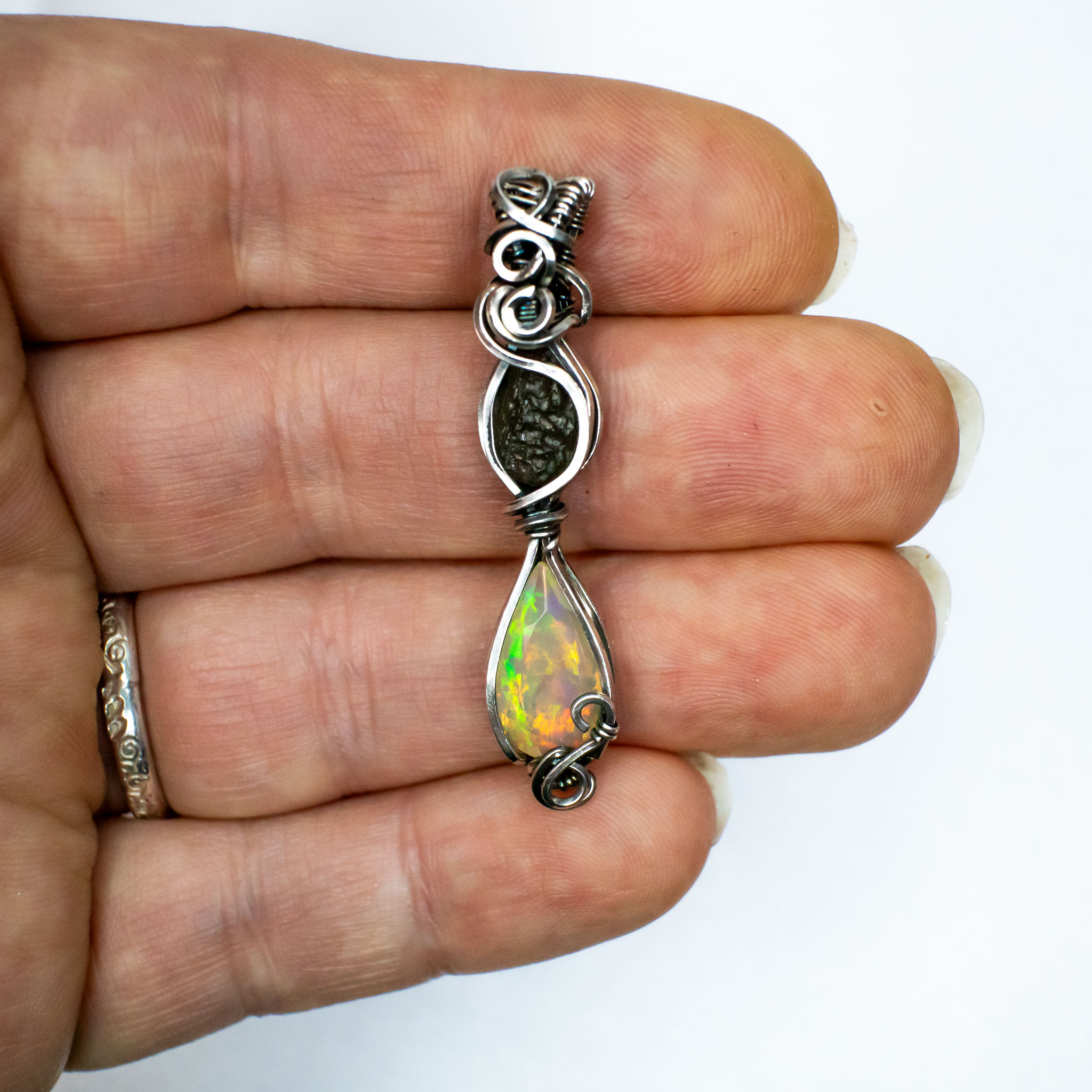Moldavite with Fire Opal Silver Pendant - Image 3