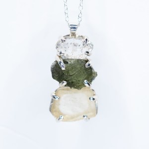 Moldavite, Phenakite and Libyan Desert Glass Pendant or with Herkimer