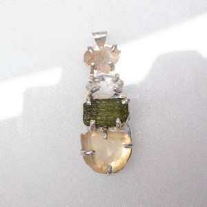 Moldavite, Phenakite, Libyan Desert Glass and Herkimer Pendant