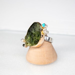 big moldavite ring with diamonds