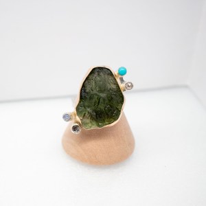 big moldavite ring with diamonds