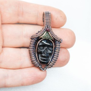 Black Obsidian Onyx Skull with Moldavite pendant