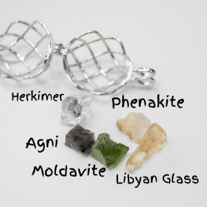 Moldavite with Herkimer, Phenakite, LDG and Agni Manitite Silver Necklace